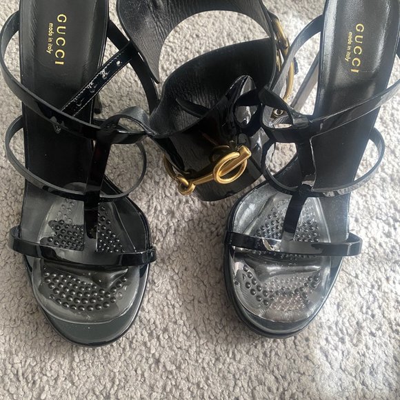 Gucci Ursula Patent Ankle-Wrap Cage Sandal, Black - Picture 2 of 2